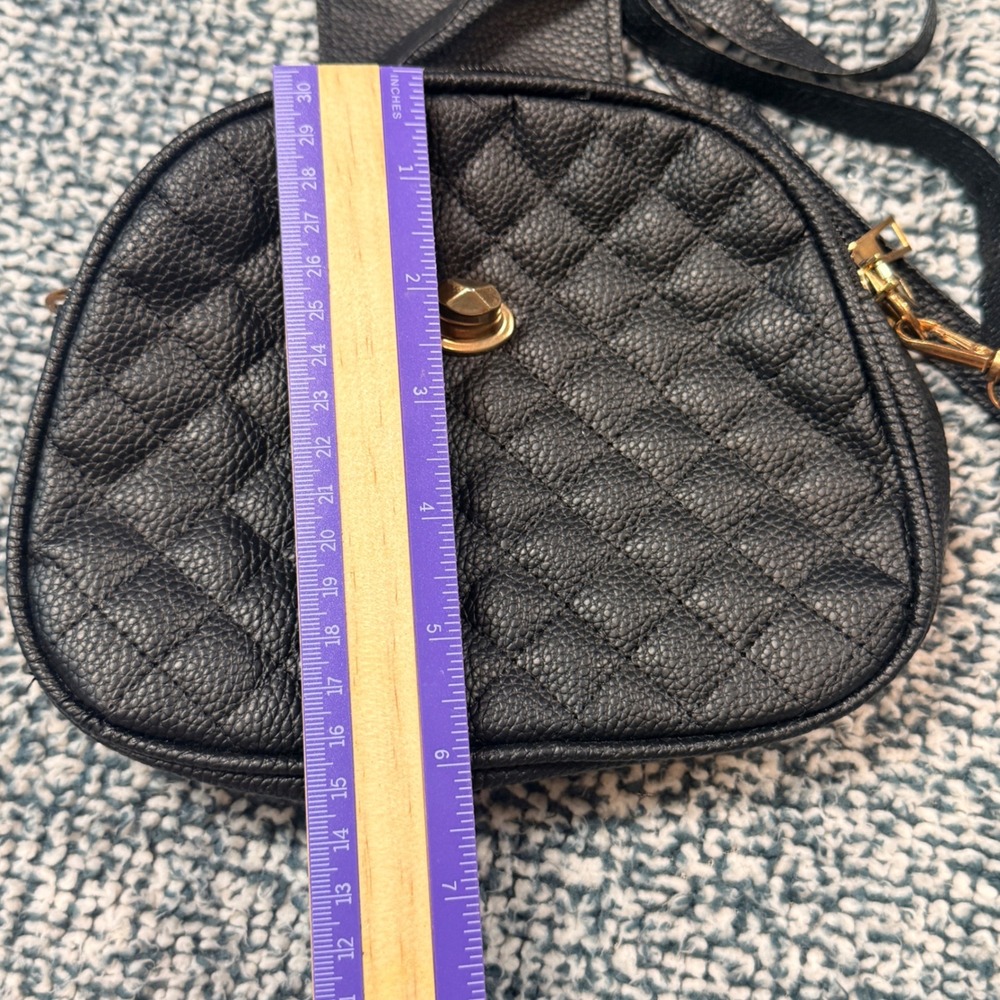 Black Quilted Crossbody Bag Gold Turn Lock Triple Zip Shoulder Purse - Picture 10 of 10